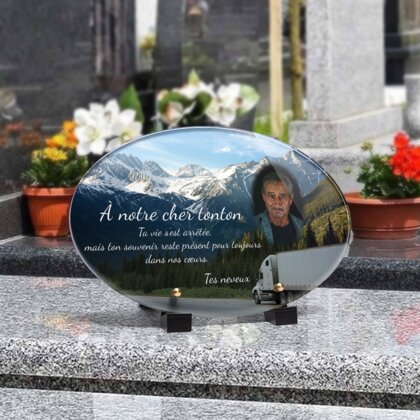 Plaque funéraire camion-sur-la-route-dans-les-montagnes-forme-ovale 8 Plaquedeces.fr
