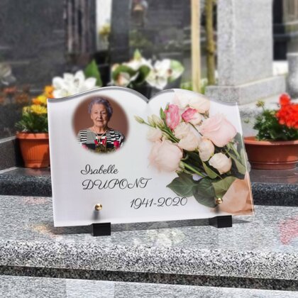 Plaque funéraire bouquet-garni-forme-livre 2 Plaquedeces.fr
