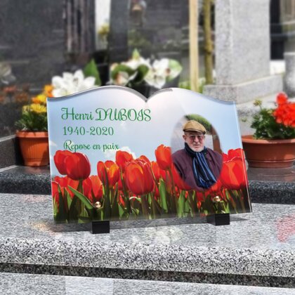 Plaque funéraire champ-de-tulipes-forme-livre 21 Plaquedeces.fr
