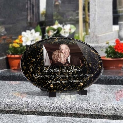 Plaque funéraire livre-marbre-noir-et-or-forme-ovale 15 Plaquedeces.fr
