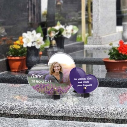 Plaque funéraire lavande-au-soleil-forme-double-coeur 17 Plaquedeces.fr
