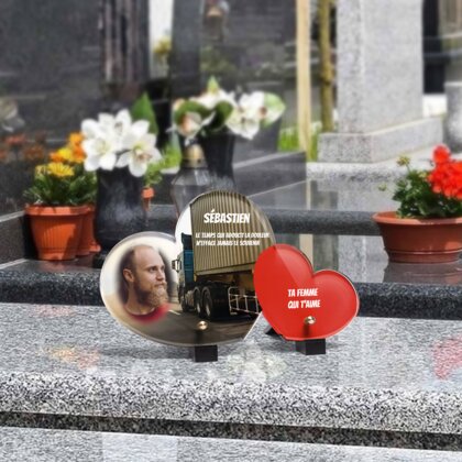 Plaque funéraire camion-sur-route-ensoleillee-forme-double-coeur 2 Plaquedeces.fr
