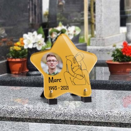 Plaque funéraire dessin-chien-et-humain-forme-etoile 17 Plaquedeces.fr
